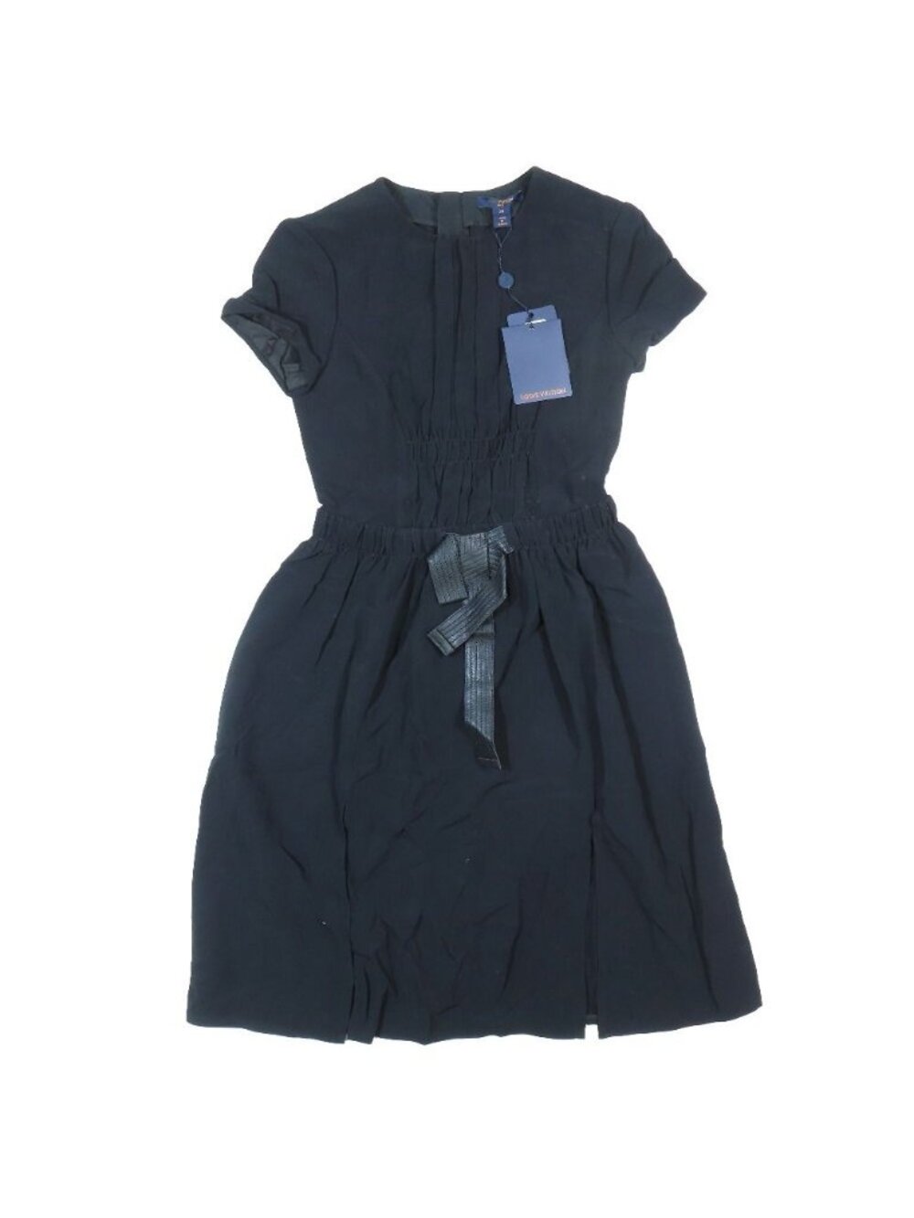 Louis Vuitton Ribbon Belt Gathered Knee-Length Dress Back Zip Short Sleeve 34